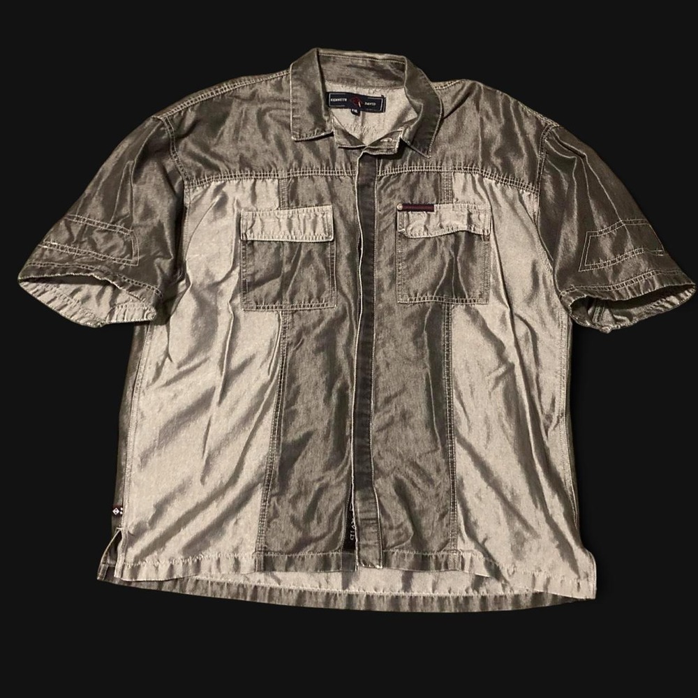Kenneth‎ David 90s/00s grey oversized denim shirt shiny poly Men's XXL/28